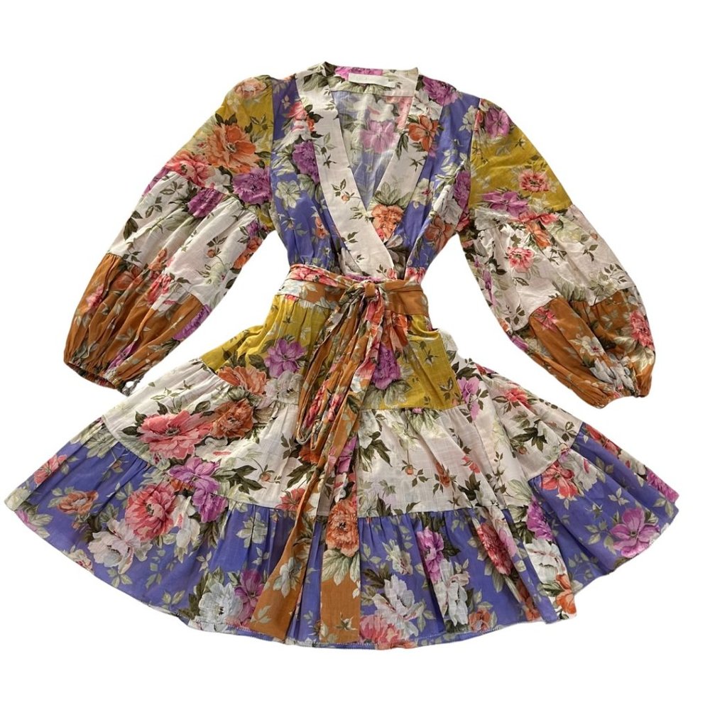 ZIMMERMANN Pattie Orange & Purple patchwork wrap dress Size 1 AU/ Size 4 US